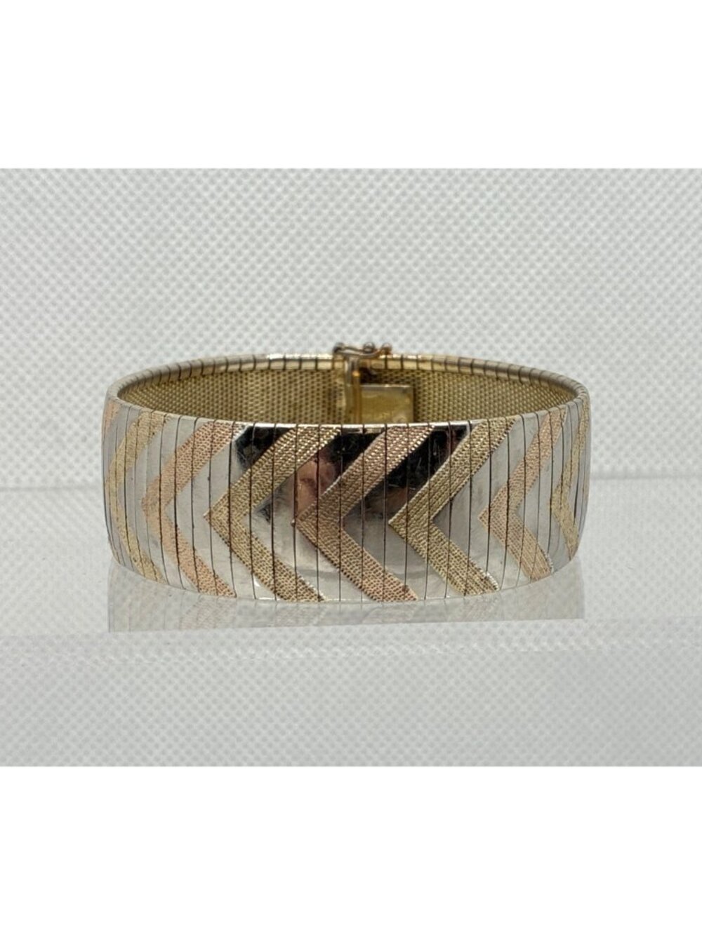 VTG Heavy Italy 925 Sterling Vermeil 12K GF Tri Color Chevron Mesh Hinge Bangle